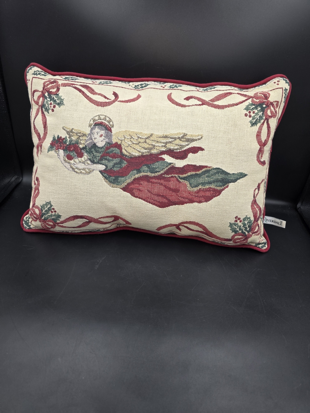 Holiday Angel Tapestry Pillow in Cream and Red by Riverdale